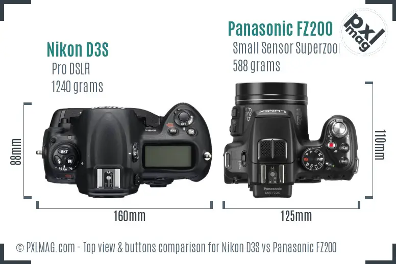 Nikon D3S vs Panasonic FZ200 top view buttons comparison