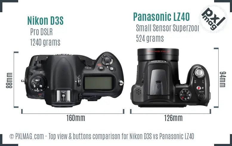 Nikon D3S vs Panasonic LZ40 top view buttons comparison