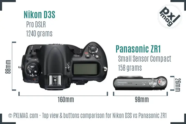 Nikon D3S vs Panasonic ZR1 top view buttons comparison