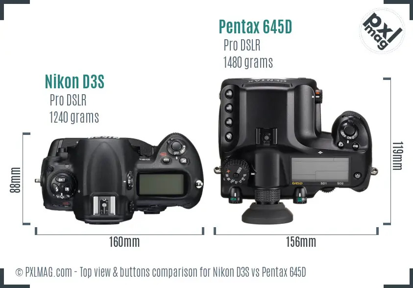 Nikon D3S vs Pentax 645D top view buttons comparison