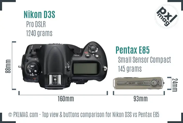 Nikon D3S vs Pentax E85 top view buttons comparison