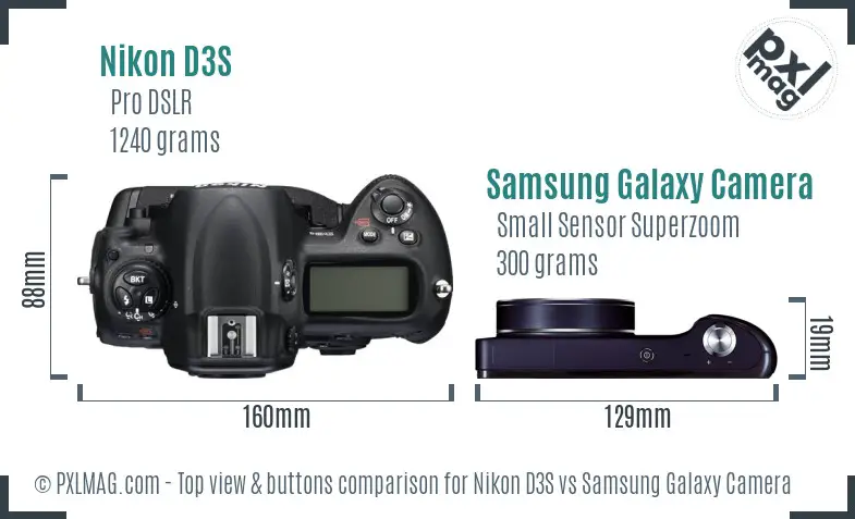 Nikon D3S vs Samsung Galaxy Camera top view buttons comparison