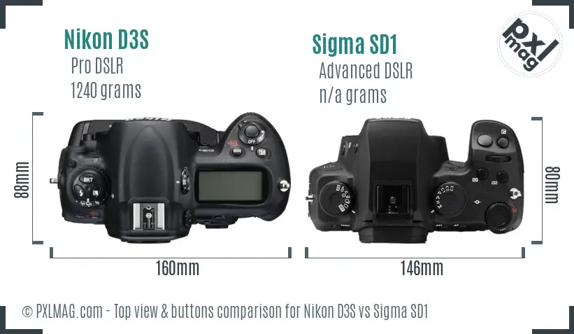 Nikon D3S vs Sigma SD1 top view buttons comparison