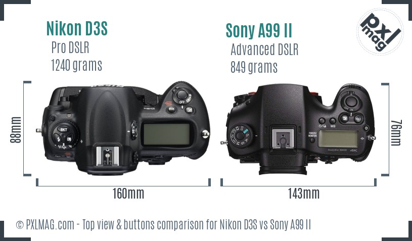 Nikon D3S vs Sony A99 II top view buttons comparison