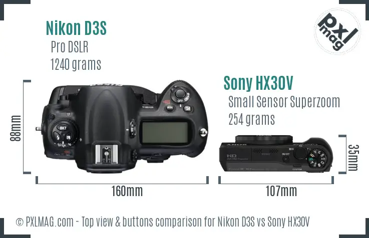 Nikon D3S vs Sony HX30V top view buttons comparison