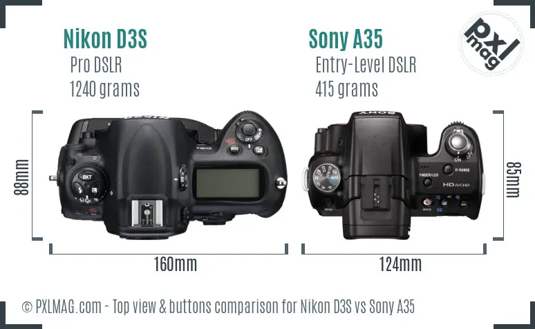 Nikon D3S vs Sony A35 top view buttons comparison