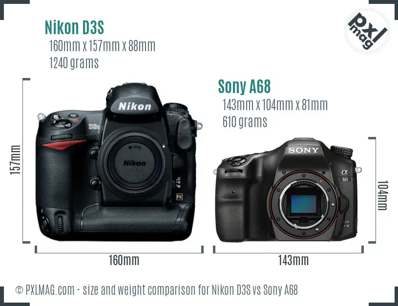 Nikon D3S vs Sony A68 size comparison