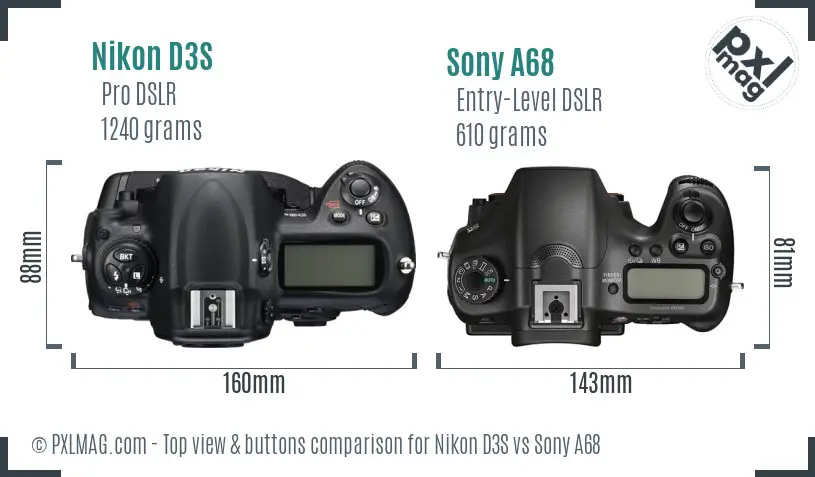 Nikon D3S vs Sony A68 top view buttons comparison