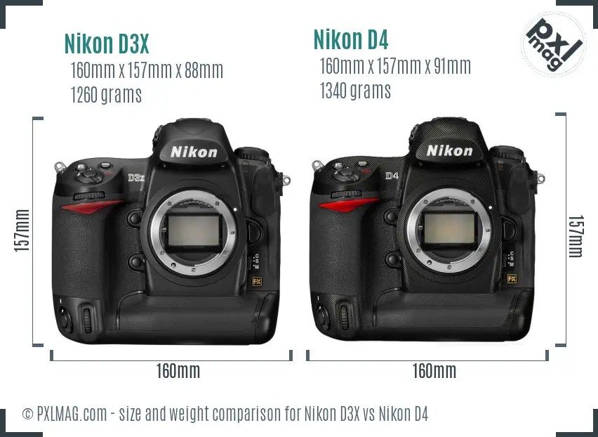 Nikon D3X vs Nikon D4 size comparison