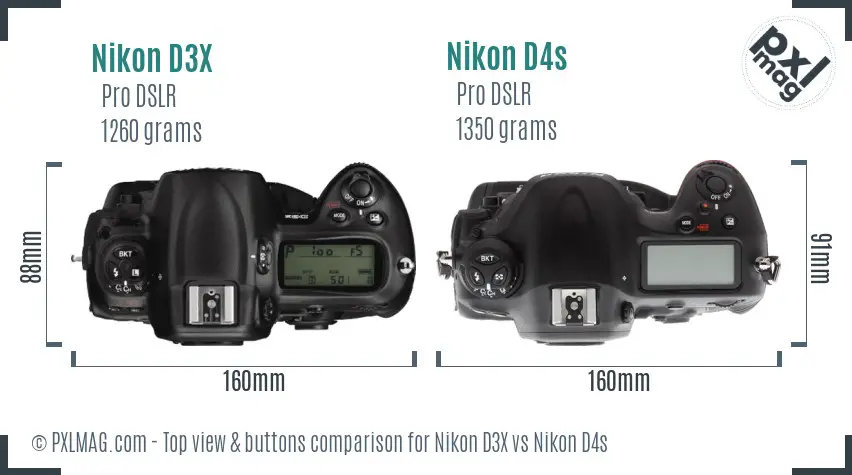 Nikon D3X vs Nikon D4s top view buttons comparison