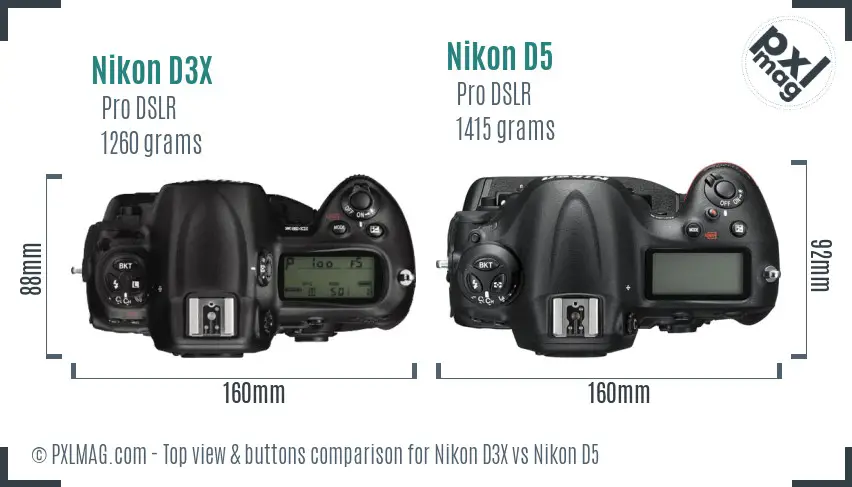 Nikon D3X vs Nikon D5 top view buttons comparison