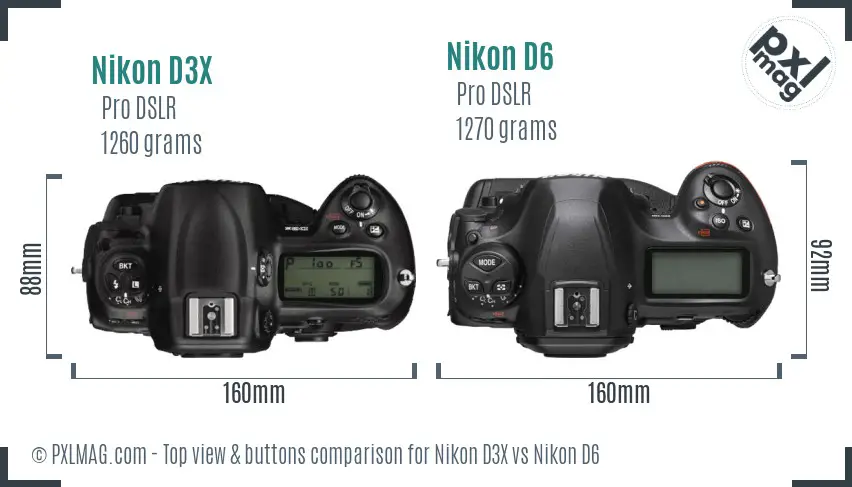 Nikon D3X vs Nikon D6 top view buttons comparison