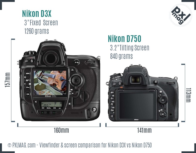 Nikon D3X vs Nikon D750 Screen and Viewfinder comparison
