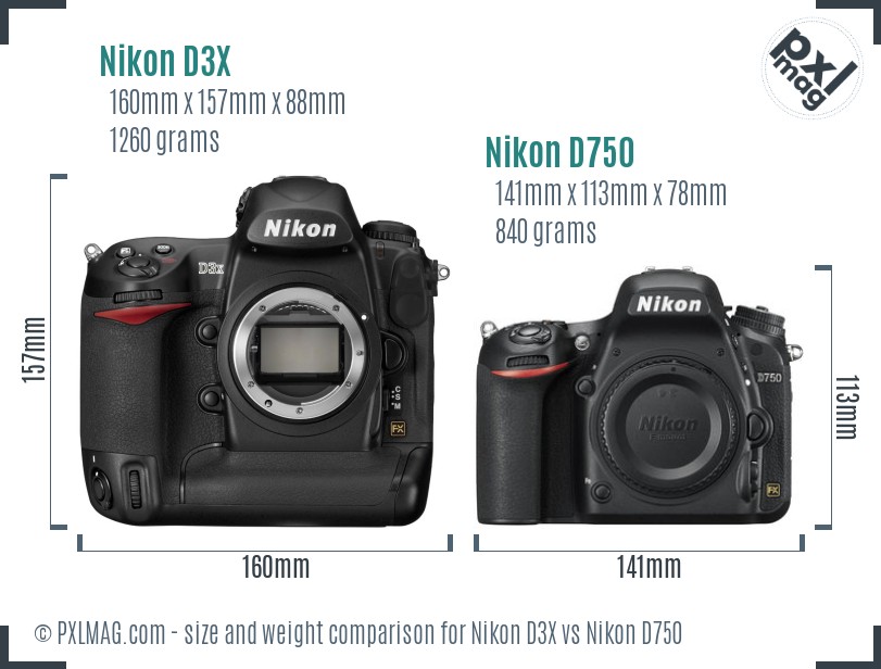 Nikon D3X vs Nikon D750 size comparison