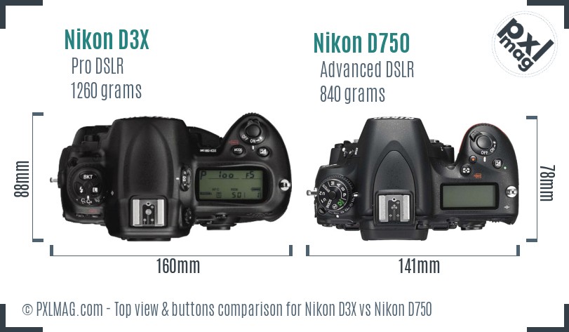 Nikon D3X vs Nikon D750 top view buttons comparison
