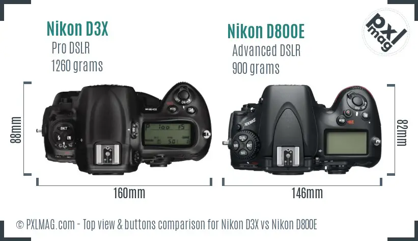 Nikon D3X vs Nikon D800E top view buttons comparison Nikon D3X vs Nikon D800E top view buttons comparison