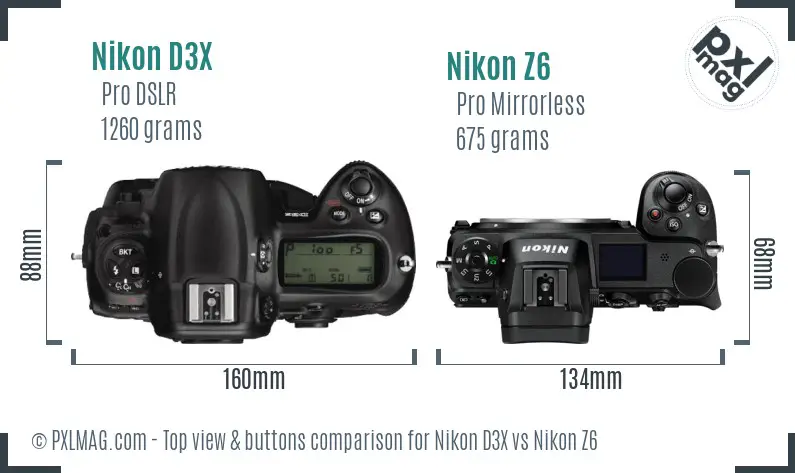 Nikon D3X vs Nikon Z6 top view buttons comparison Nikon D3X vs Nikon Z6 top view buttons comparison