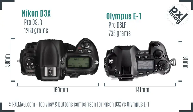 Nikon D3X vs Olympus E-1 top view buttons comparison