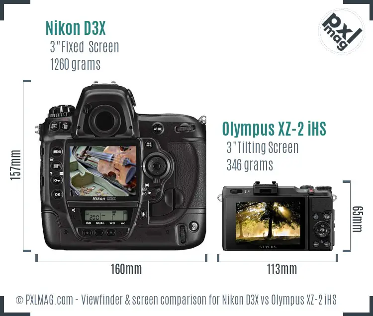 Nikon D3X vs Olympus XZ-2 iHS Screen and Viewfinder comparison