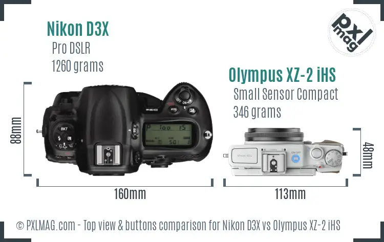Nikon D3X vs Olympus XZ-2 iHS top view buttons comparison