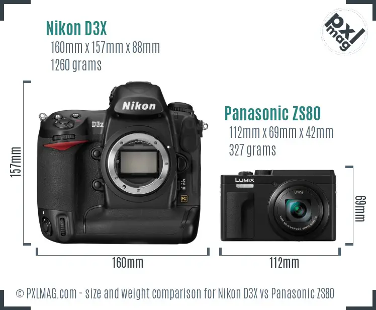 Nikon D3X vs Panasonic ZS80 size comparison