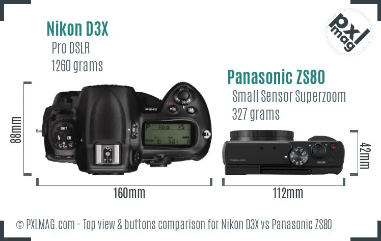 Nikon D3X vs Panasonic ZS80 top view buttons comparison
