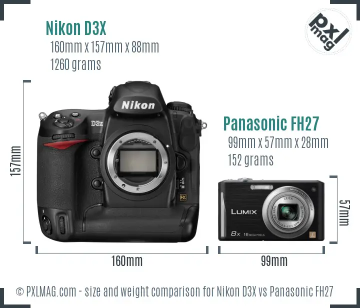 Nikon D3X vs Panasonic FH27 size comparison