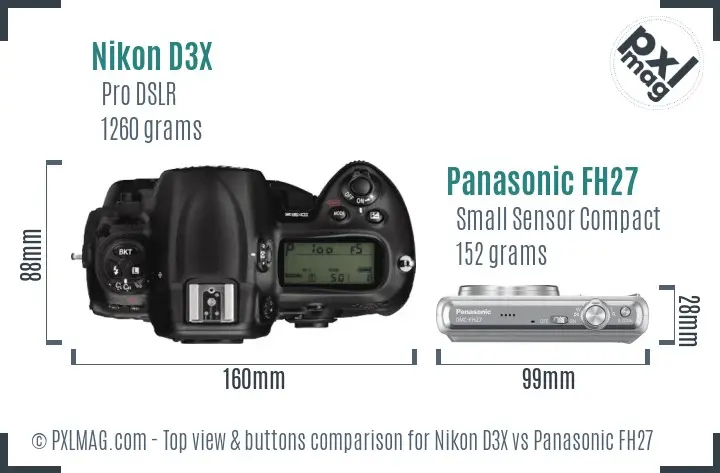 Nikon D3X vs Panasonic FH27 top view buttons comparison