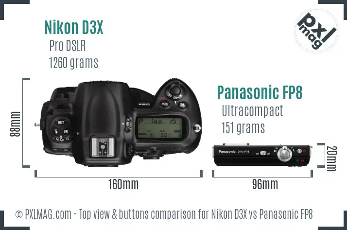 Nikon D3X vs Panasonic FP8 top view buttons comparison