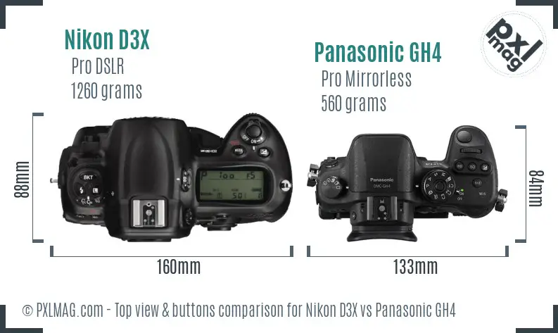 Nikon D3X vs Panasonic GH4 top view buttons comparison