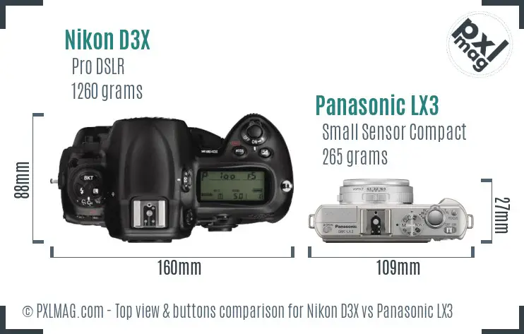 Nikon D3X vs Panasonic LX3 top view buttons comparison