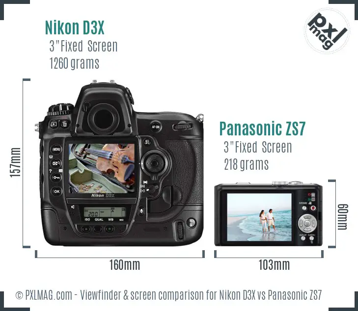 Nikon D3X vs Panasonic ZS7 Screen and Viewfinder comparison