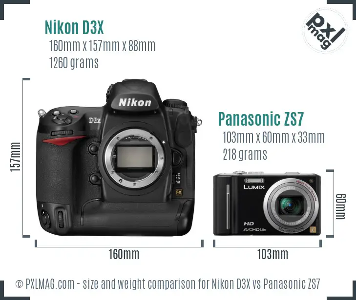Nikon D3X vs Panasonic ZS7 size comparison