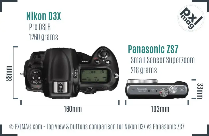 Nikon D3X vs Panasonic ZS7 top view buttons comparison