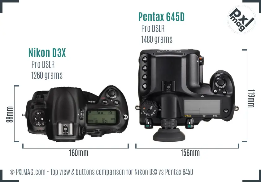 Nikon D3X vs Pentax 645D top view buttons comparison