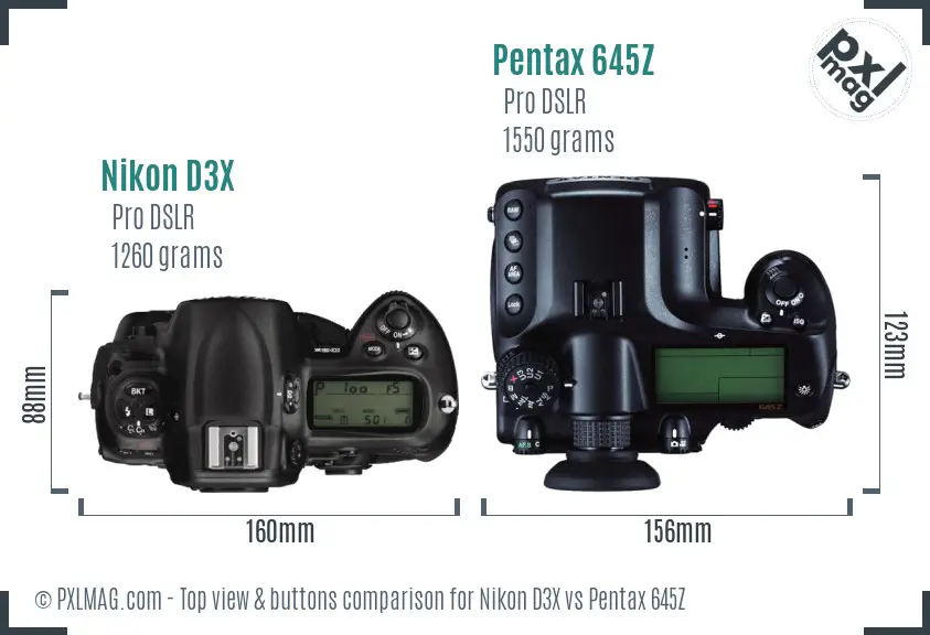 Nikon D3X vs Pentax 645Z top view buttons comparison