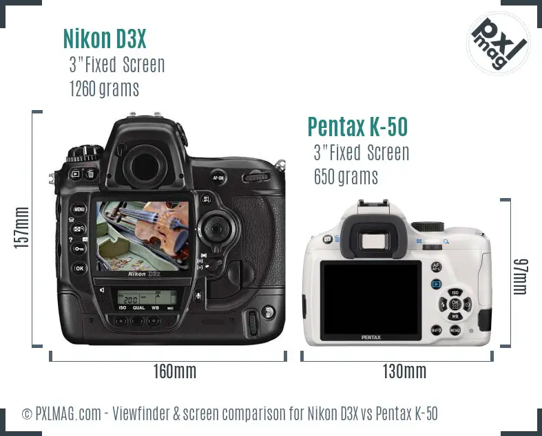 Nikon D3X vs Pentax K-50 Screen and Viewfinder comparison