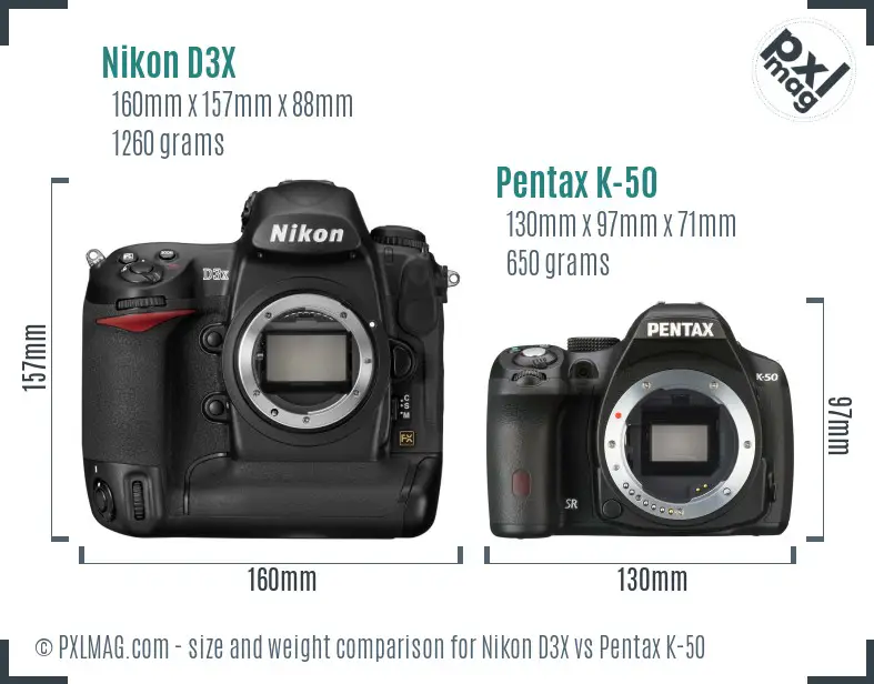 Nikon D3X vs Pentax K-50 size comparison