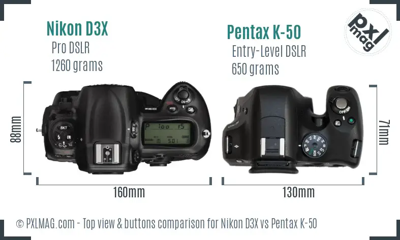 Nikon D3X vs Pentax K-50 top view buttons comparison