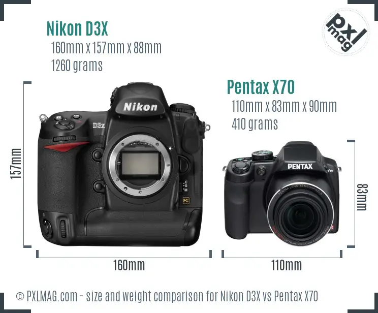 Nikon D3X vs Pentax X70 size comparison