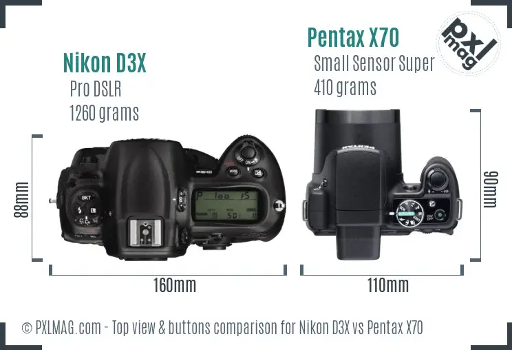 Nikon D3X vs Pentax X70 top view buttons comparison