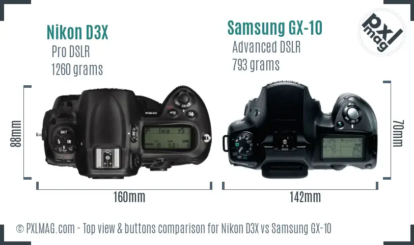 Nikon D3X vs Samsung GX-10 top view buttons comparison
