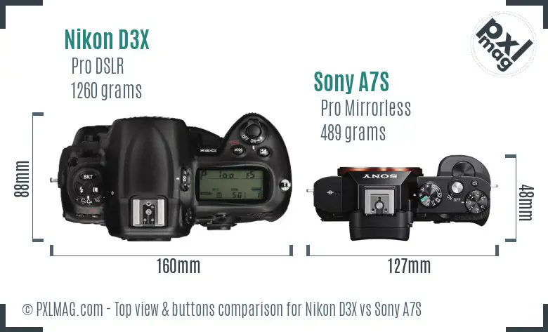 Nikon D3X vs Sony A7S top view buttons comparison