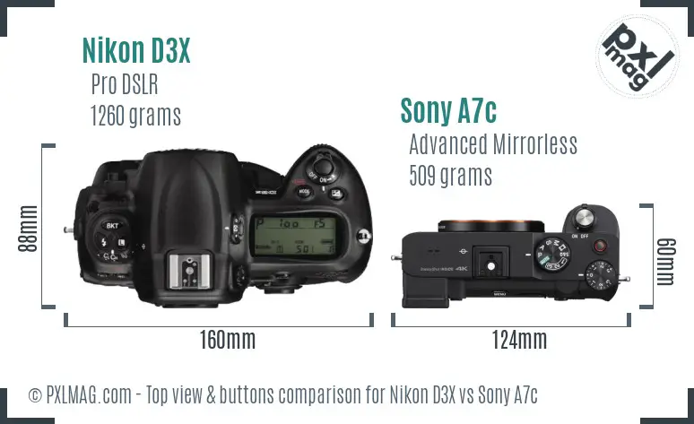 Nikon D3X vs Sony A7c top view buttons comparison