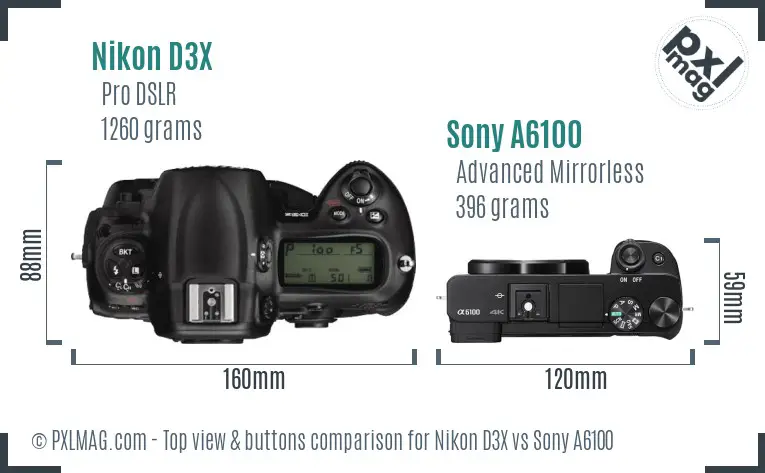 Nikon D3X vs Sony A6100 top view buttons comparison