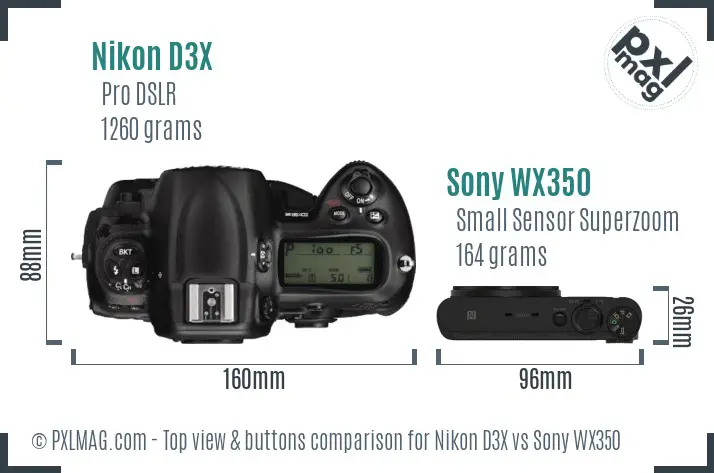 Nikon D3X vs Sony WX350 top view buttons comparison