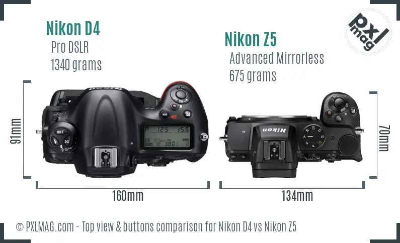 Nikon D4 vs Nikon Z5 top view buttons comparison Nikon D4 vs Nikon Z5 top view buttons comparison