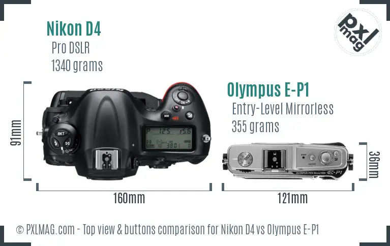 Nikon D4 vs Olympus E-P1 top view buttons comparison