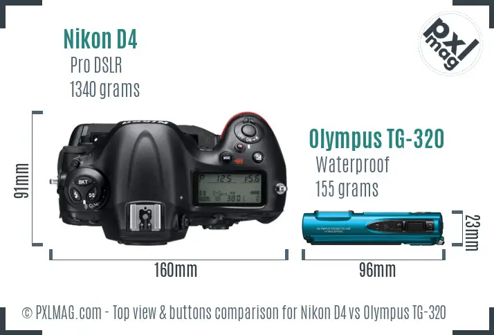 Nikon D4 vs Olympus TG-320 top view buttons comparison