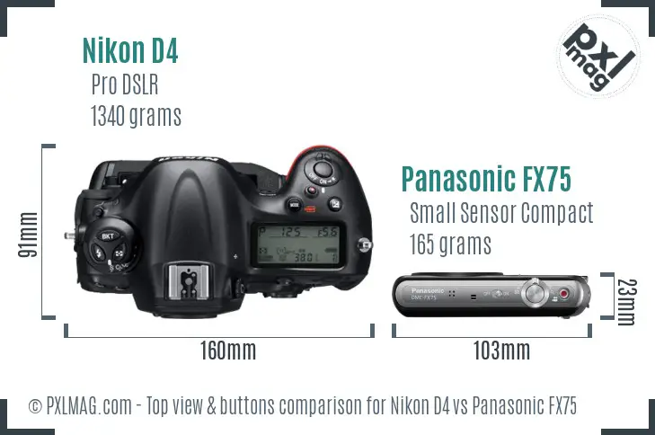 Nikon D4 vs Panasonic FX75 top view buttons comparison